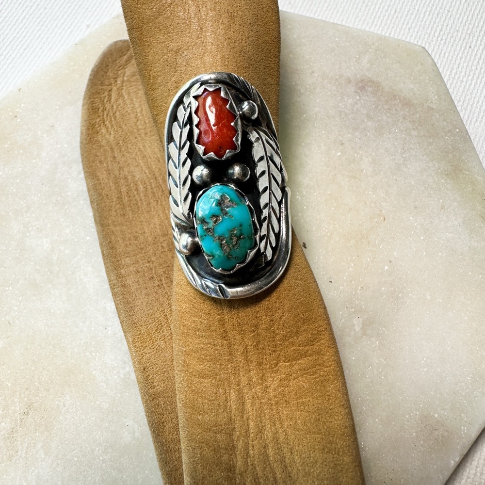 Vintage Robert Kelly Silver Ring with Turquoise and Red Coral
